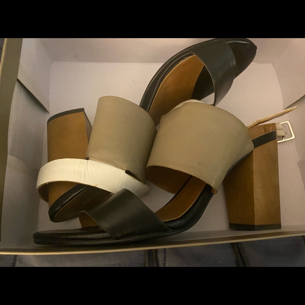 Levity size10 beige, black, and white sandals.